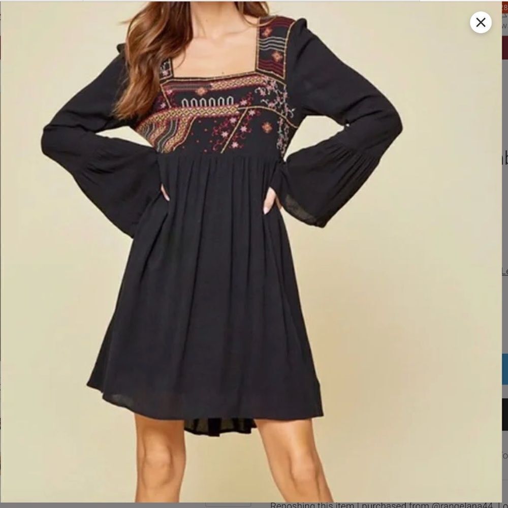 Savanna Jane Boho Embroidered Knee Length Dress Long Sleeves Black  Size L